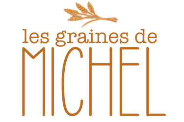 Logo "les graines de Michel" avec épi de blé stylisé sur fond noir.