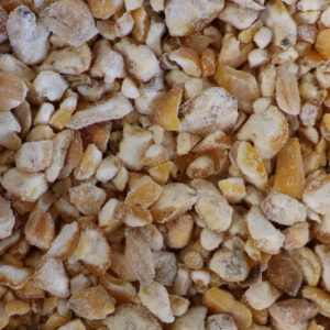 Grains de maïs concassés jaunes pâles avec texture irrégulière et surfaces poudreuses.