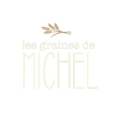 Logo "les graines de Michel" avec épi de blé stylisé sur fond noir.
