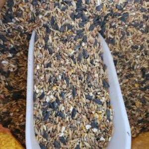 Sac de graines variées avec pelle blanche pour faciliter le prélèvement.