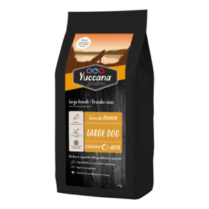 Sac Yuccana pour chiens grandes races, 40 % poulet, ingrédients naturels, formule premium.