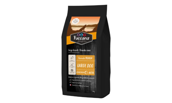 Sac Yuccana pour chiens grandes races, 40 % poulet, ingrédients naturels, formule premium.