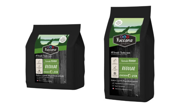 Sacs Yuccana pour chiens, formule PREMIUM, 35% poulet, ingrédients naturels, races variées.