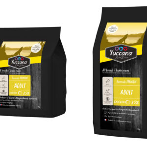 Deux sacs de croquettes Yuccana pour chiens adultes, 35% poulet, format 5 kg et 15 kg.