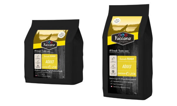 Deux sacs de croquettes Yuccana pour chiens adultes, 35% poulet, format 5 kg et 15 kg.
