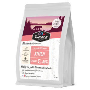 Yuccana nourriture pour chaton 3,5 kg, 40% poulet, ingrédients naturels, fabriqué en France.
