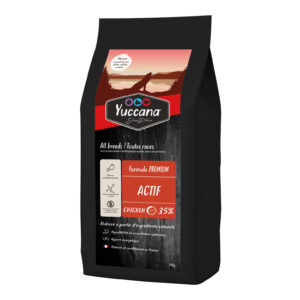 Emballage de croquettes Yuccana Silverlabel, formule poulet 35% pour chiens, fabriqué en France.