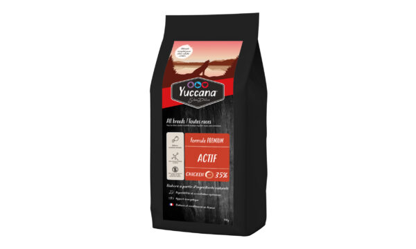 Emballage de croquettes Yuccana Silverlabel, formule poulet 35% pour chiens, fabriqué en France.