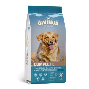 Sac Divinus 20 kg pour chiens, nutrition complète, image de chien, bienfaits suggérés.