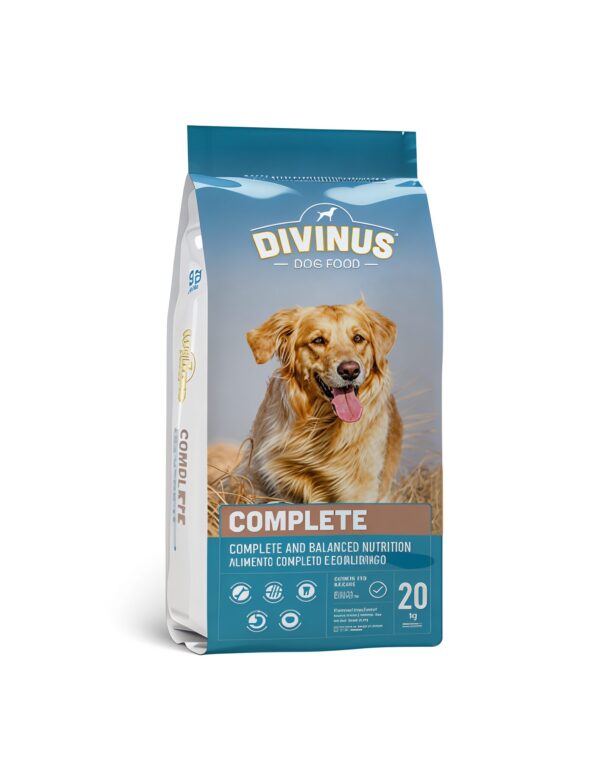 Sac Divinus 20 kg pour chiens, nutrition complète, image de chien, bienfaits suggérés.